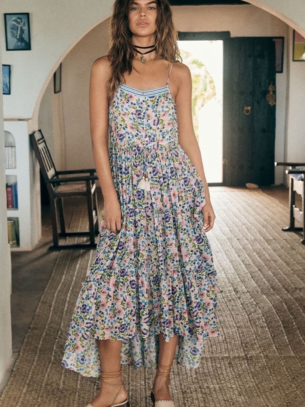 Spell Impala Lily Sundress Blue Pink Floral Tiered Flowy Large Resortwear - Picture 5 of 16
